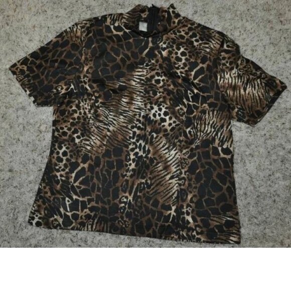 Womens Blouse Brown Leopard Medium Rafael High Zip Neck Short Sleeve Shirt - Picture 1 of 3